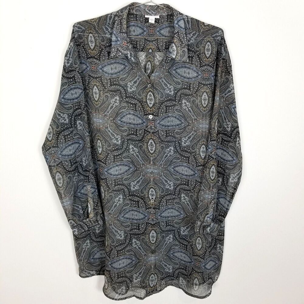 J. Jill Women Blue & Gold Paisley Sheer Button‎ Down Long Top Tunic Size XL